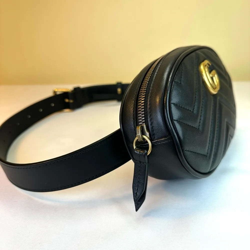 EUC! Gucci Black Quilted Leather GG Marmont Belt Bag with Gold Hardware - Picture 4 of 16